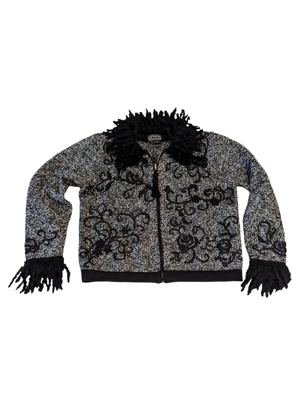 Berek Black Gray Wool Blend Fringe Knit Embroidered Zip Sweater Small Jacket